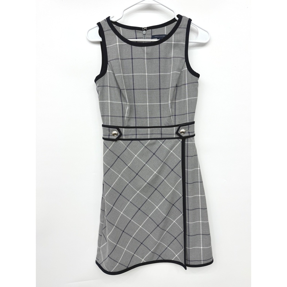 Tommy Hilfiger Plaid Faux Wrap Dress Womens 0 Gray Sleeveless Preppy Career